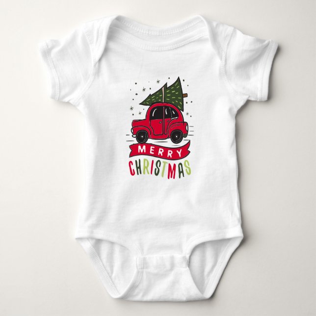 Red Car Frohe Weihnachtsbaum Farbenfrohe Sonne Baby Strampler (Vorderseite)