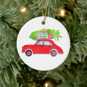Red Car mit Weihnachtsbaum Aquarell Keramik Ornament