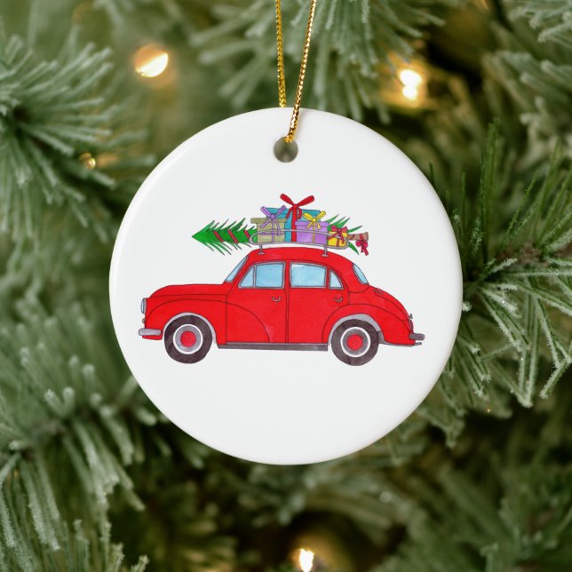 Red Car mit Weihnachtsbaum Aquarell Keramik Ornament (Baum)