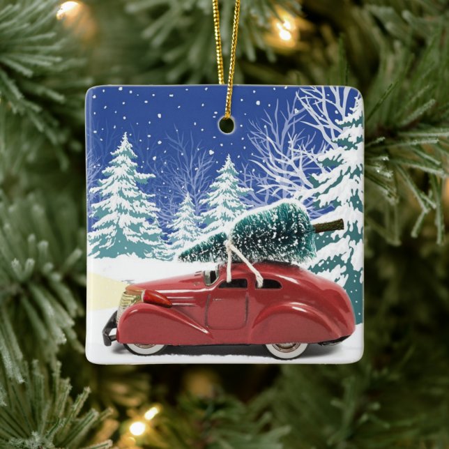 Red Car mit Weihnachtsbaum auf Dach Keramikornament (Baum)