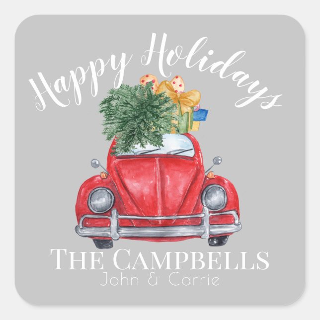 Red Car mit Weihnachtsbaum individuell anpassbar Quadratischer Aufkleber (Vorderseite)