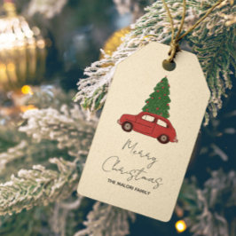 Red Car mit Weihnachtsbaum | Minimalistisch Vintag Geschenkanhänger