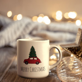Red Car mit Weihnachtsbaum | Minimalistisch Vintag Kaffeetasse