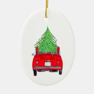 Red Car mit Weihnachtsbaum Wasserfarbe Keramik Ornament
