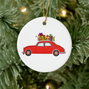 Red Car mit Weihnachtsgeschenken Keramik Ornament