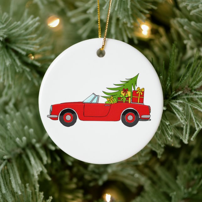 Red Car mit Weihnachtsgeschenken Keramik Ornament (Baum)