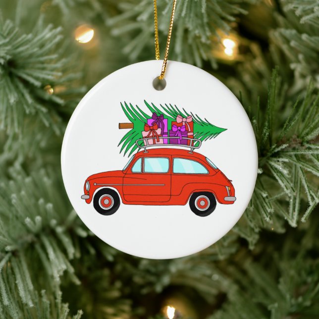 Red Car mit Weihnachtsgeschenken Keramik Ornament (Baum)