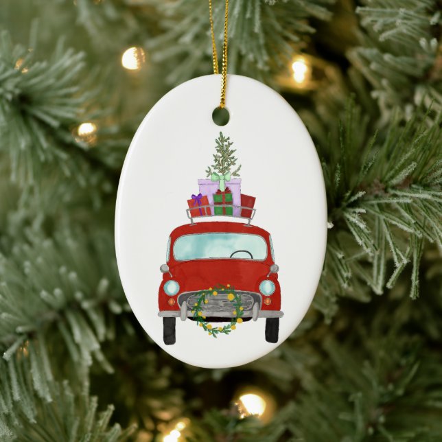 Red Car mit Weihnachtsgeschenken Keramik Ornament (Baum)