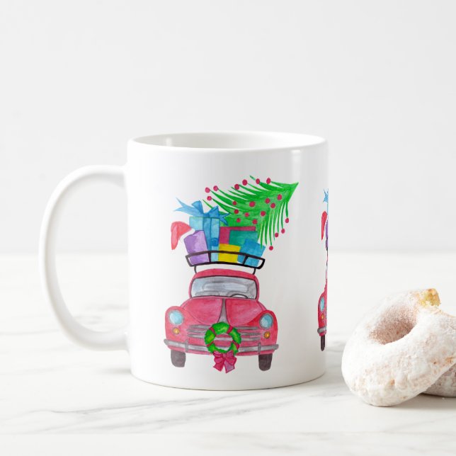 Red Car mit Weihnachtsgeschenken Wasserfarbe Kaffeetasse (Mit Donut)