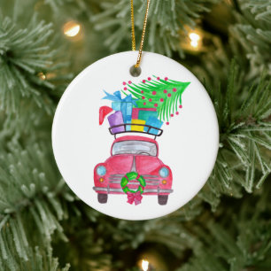 Red Car mit Weihnachtsgeschenken Wasserfarbe Keramik Ornament