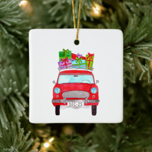 Red Car mit Weihnachtsgeschenken Wasserfarbe Keramikornament