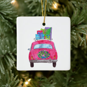 Red Car mit Weihnachtsgeschenken Wasserfarbe Keramikornament