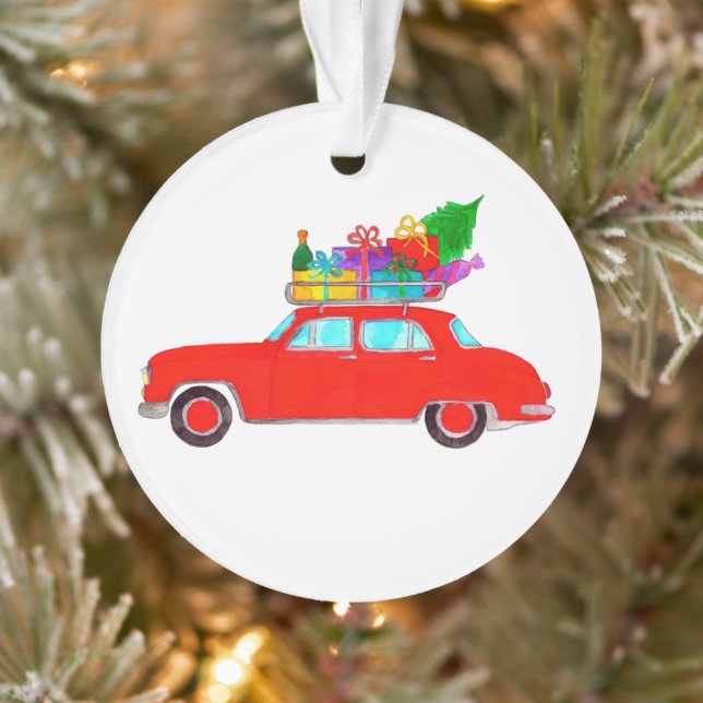 Red Car mit Weihnachtsgeschenken Wasserfarbe Ornament (Baum)