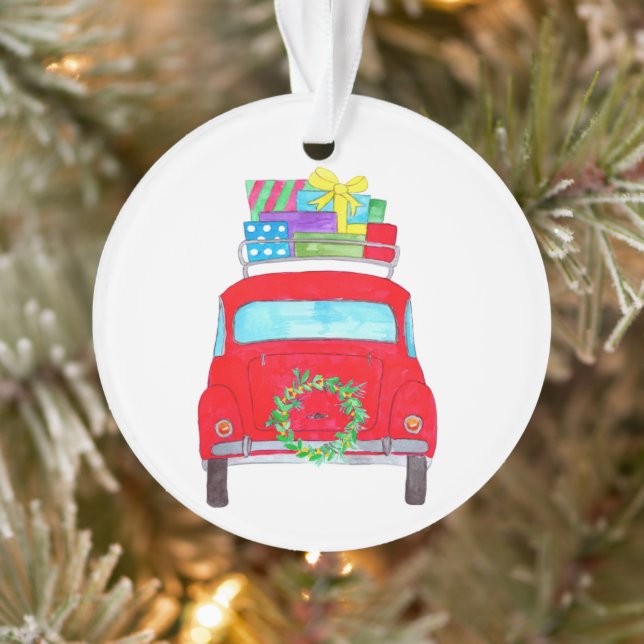 Red Car mit Weihnachtsgeschenken Wasserfarbe Ornament (Baum)