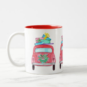 Red Car mit Weihnachtsgeschenken Wasserfarbe Zweifarbige Tasse