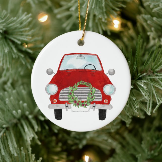 Red Car mit Weihnachtskranz Keramik Ornament (Baum)