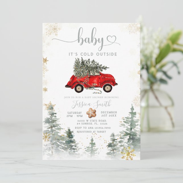 Red Car Pine Tree Winter Baby Shower Invitation (Debout devant)