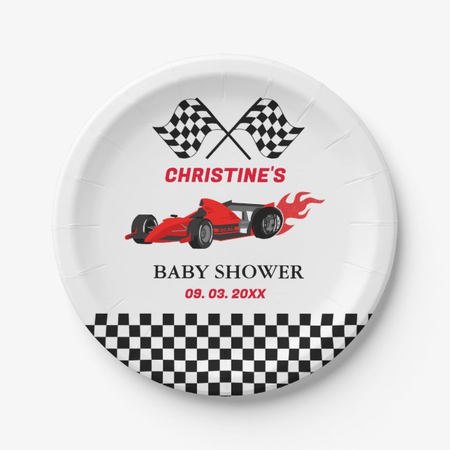 Red Car Race Baby Dusche Pappteller (Vorderseite)