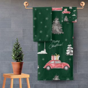 Red Car Winter Pattern Frohe Weihnachten Grün Badhandtuch Set