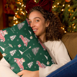 Red Car Winter Pattern Frohe Weihnachten Grün Dekokissen