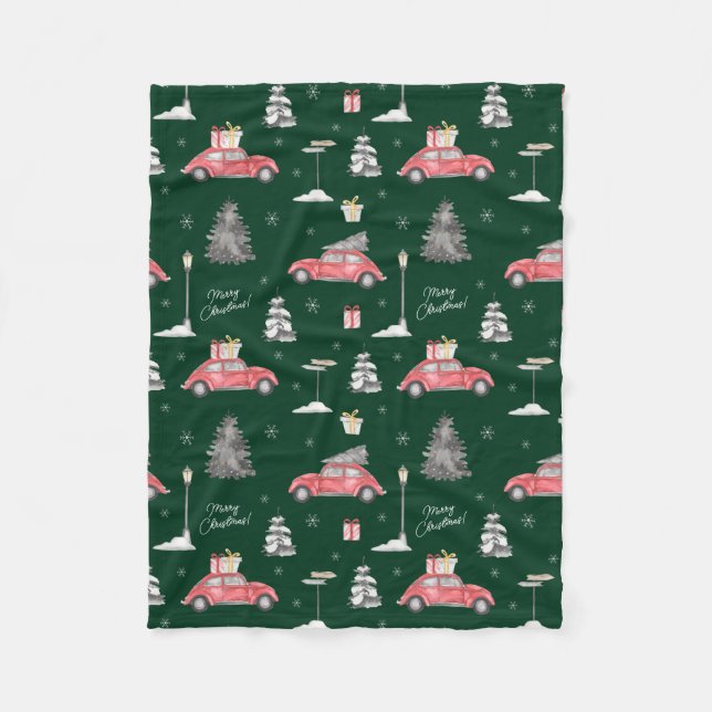 Red Car Winter Pattern Frohe Weihnachten Grün Klei Fleecedecke (Vorderseite)