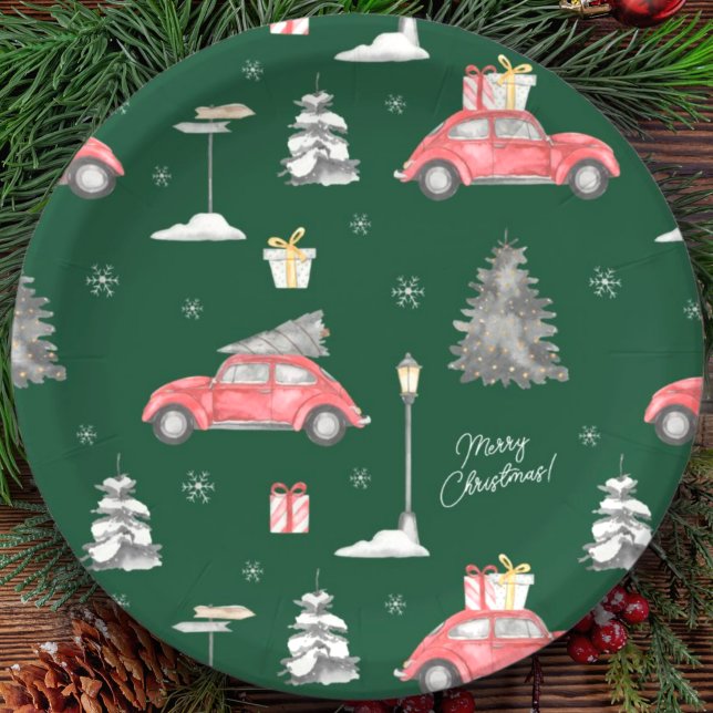 Red Car Winter Pattern Frohe Weihnachten Grün Pappteller (Von Creator hochgeladen)