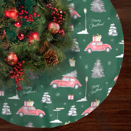 Red Car Winter Pattern Frohe Weihnachten Grün Polyester Weihnachtsbaumdecke