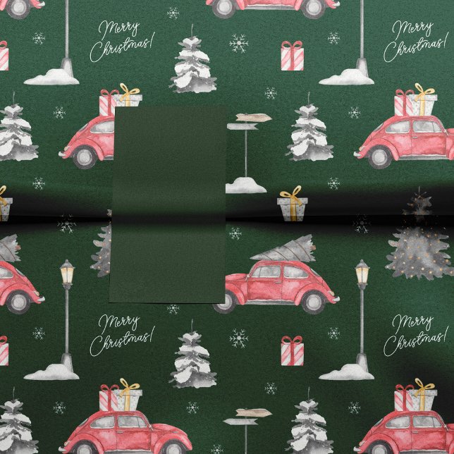 Red Car Winter Pattern Frohe Weihnachten Grün Seidenpapier (Von Creator hochgeladen)