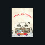 Red Car Winter Szene Frohe Weihnachten Leinwanddruck<br><div class="desc">Schönes Aquarell Stil rustikale Winterszene zu feiern die Weihnachtszeit. Klassisches Vintages rotes Auto mit Weihnachtsbaum. Rustikale Kabine mit Schneeszene.</div>