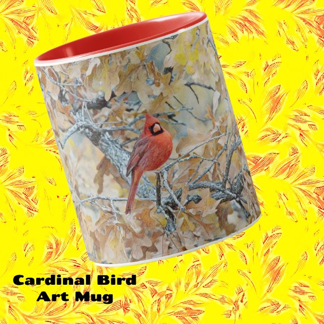 Red Cardinal Bird à Tree Art Mug Cup (Red Cardinal Art Bird Mug.)