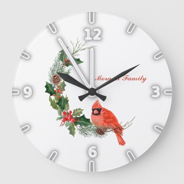 Red Cardinal Bird Holly Berry Christmas Große Wanduhr (Vorderseite)