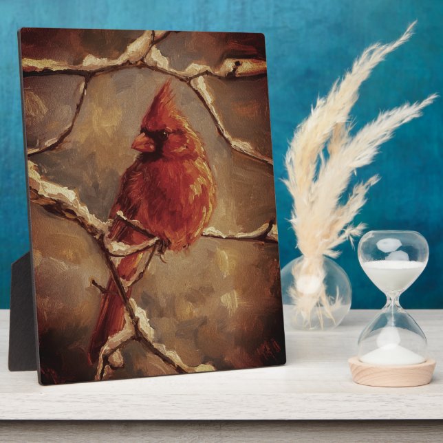 Red Cardinal Bird Oil Painting – Winter Branch Fotoplatte (Seite)