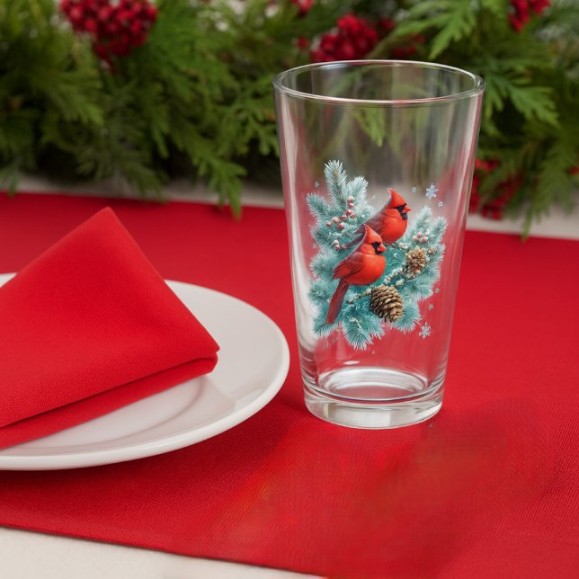 Red Cardinal Birds and Pine Christmas Glass Cup Glas (Set a festive holiday table with red cardinal bird and pine beverage glass. )