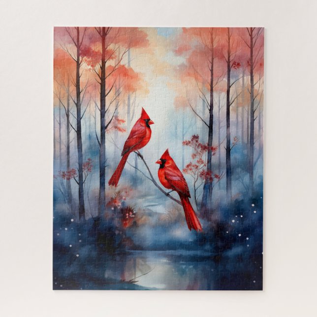Red Cardinal Birds in a Misty Forest (Vertikal)