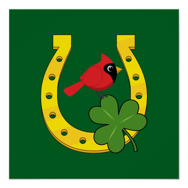 Red Cardinal in Golden Horseshoe with Shamrock Poster (Vorderseite)