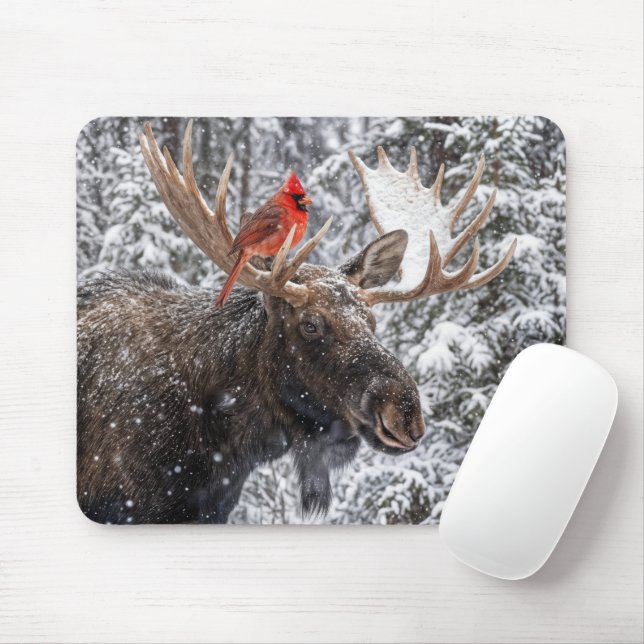 Red Cardinal On Snowy Moose Antlers Mousepad (Mit Mouse)
