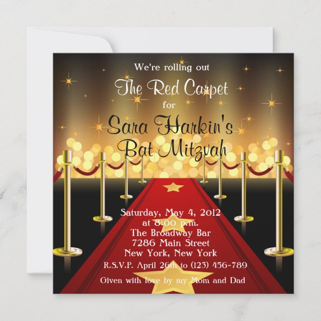 Red Carpet Hollywood Bat Mitzvah Birthday Invite Einladung (Vorderseite)