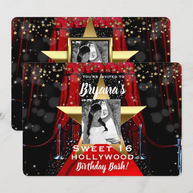 Red Carpet Hollywood Gold Stars Foto Party Einladung (Vorne/Hinten)
