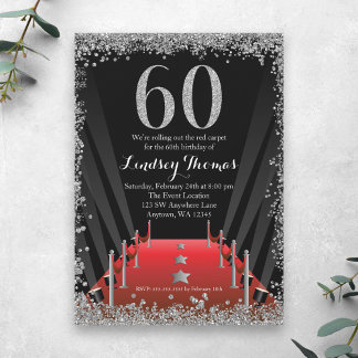 Red Carpet Hollywood Silver Glitzer 60. Geburtstag Einladung