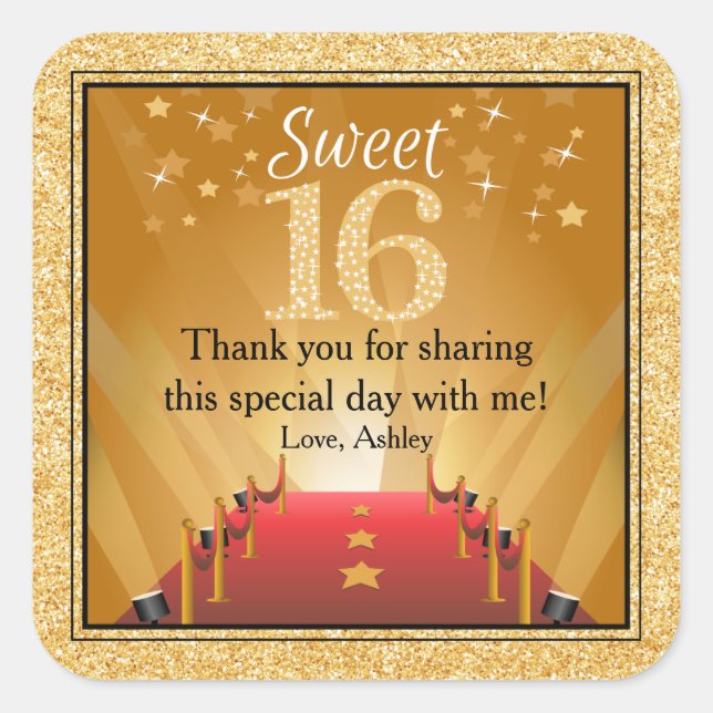 Red Carpet Hollywood Star Gold Sweet 16 Gefallen Quadratischer Aufkleber (Vorderseite)