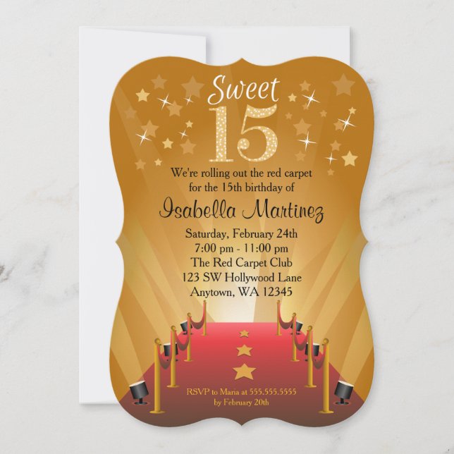 Red Carpet Hollywood Star Sweet 15 Birthday Einladung (Vorderseite)