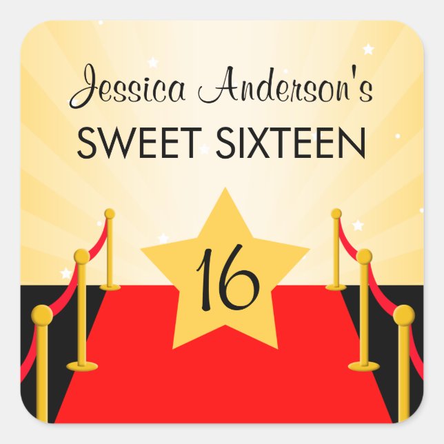 Red Carpet Hollywood Sweet 16 Birthday Quadratischer Aufkleber (Vorderseite)
