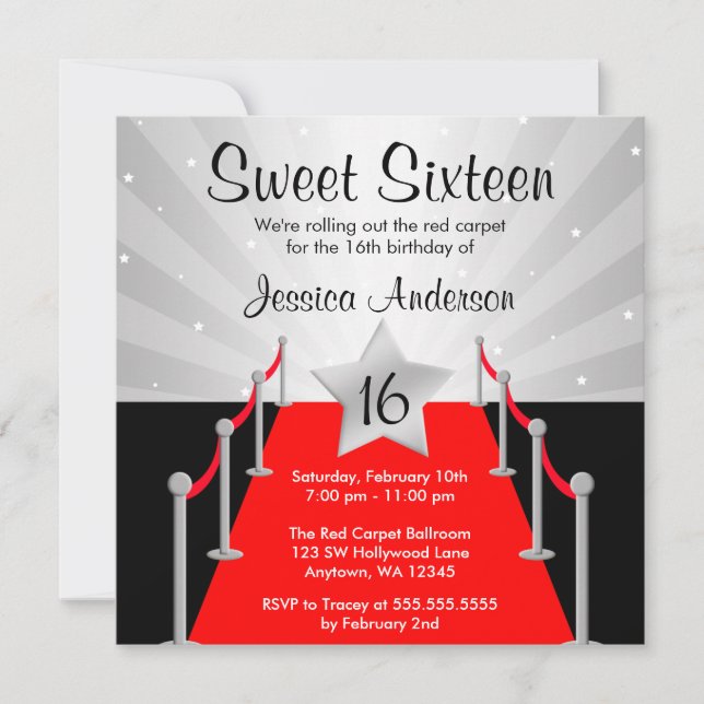 Red Carpet Silver Hollywood Sweet 16 Birthday Einladung (Vorderseite)