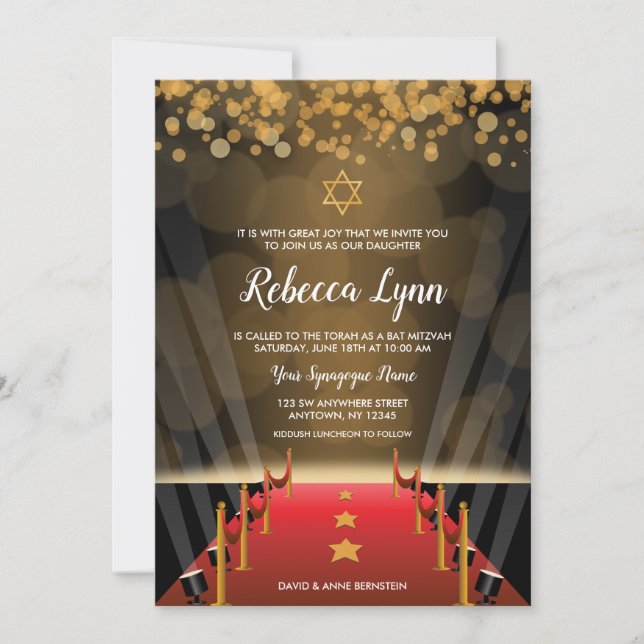 Red Carpet Star Hollywood Bat Mitzvah Einladungen (Vorderseite)
