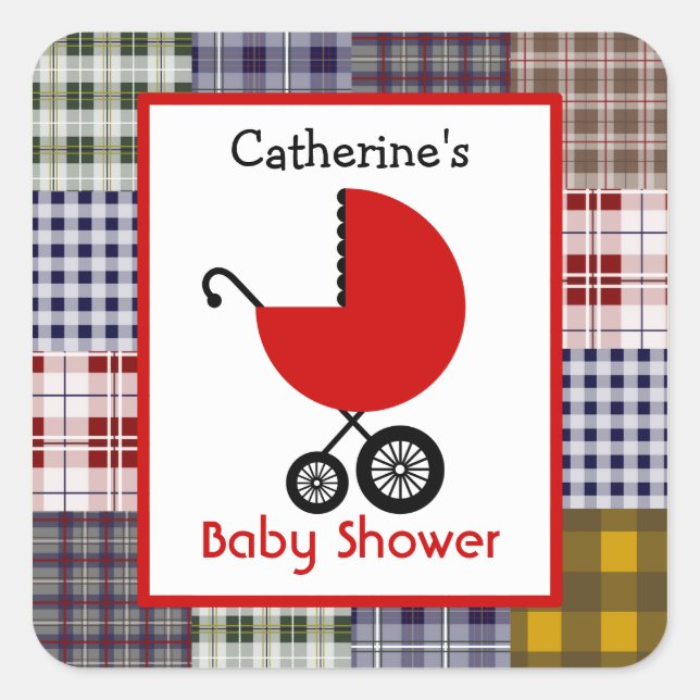 Red Carriage & Kariert Patchwork für Babydusche Quadratischer Aufkleber (Vorderseite)