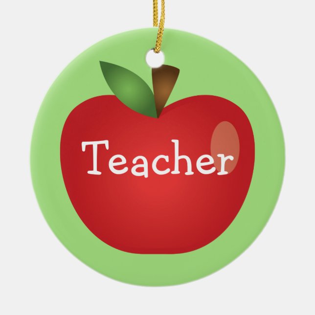 Red Cartoon Apple auf Grün mit Textlehrer Keramik Ornament (Vorne)