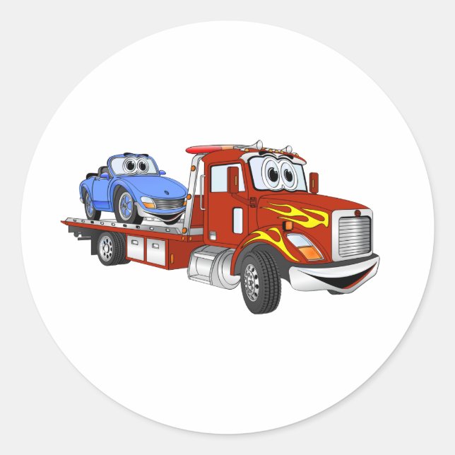Red Cartoon Flatbed Tow Truck Runder Aufkleber (Vorderseite)