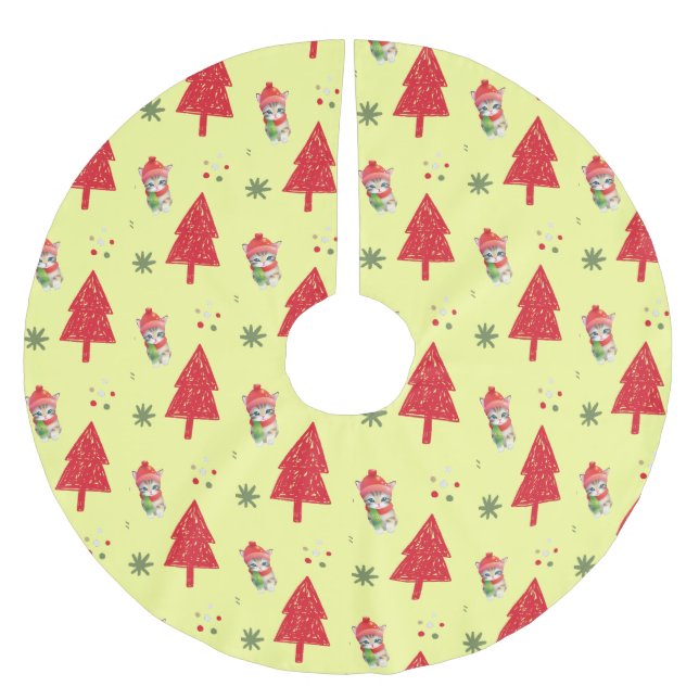 Red Cat Santa Xmas tree Nahtloses Muster Polyester Weihnachtsbaumdecke (Vorderseite)