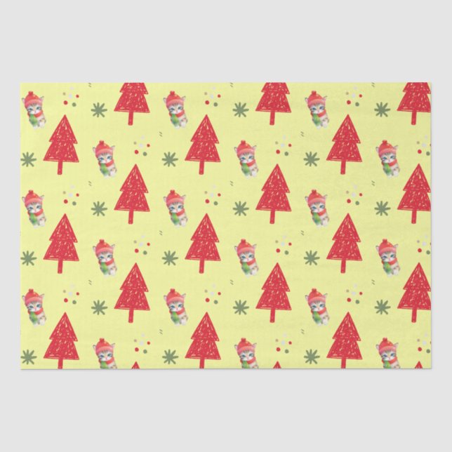 Red Cat Santa Xmas tree Nahtloses Muster Seidenpapier (Vorderseite)