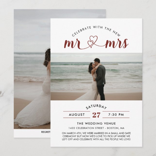 Red Celebrate mit dem neuen Mr. & Mrs. Foto Weddin Einladung (Vorne/Hinten)